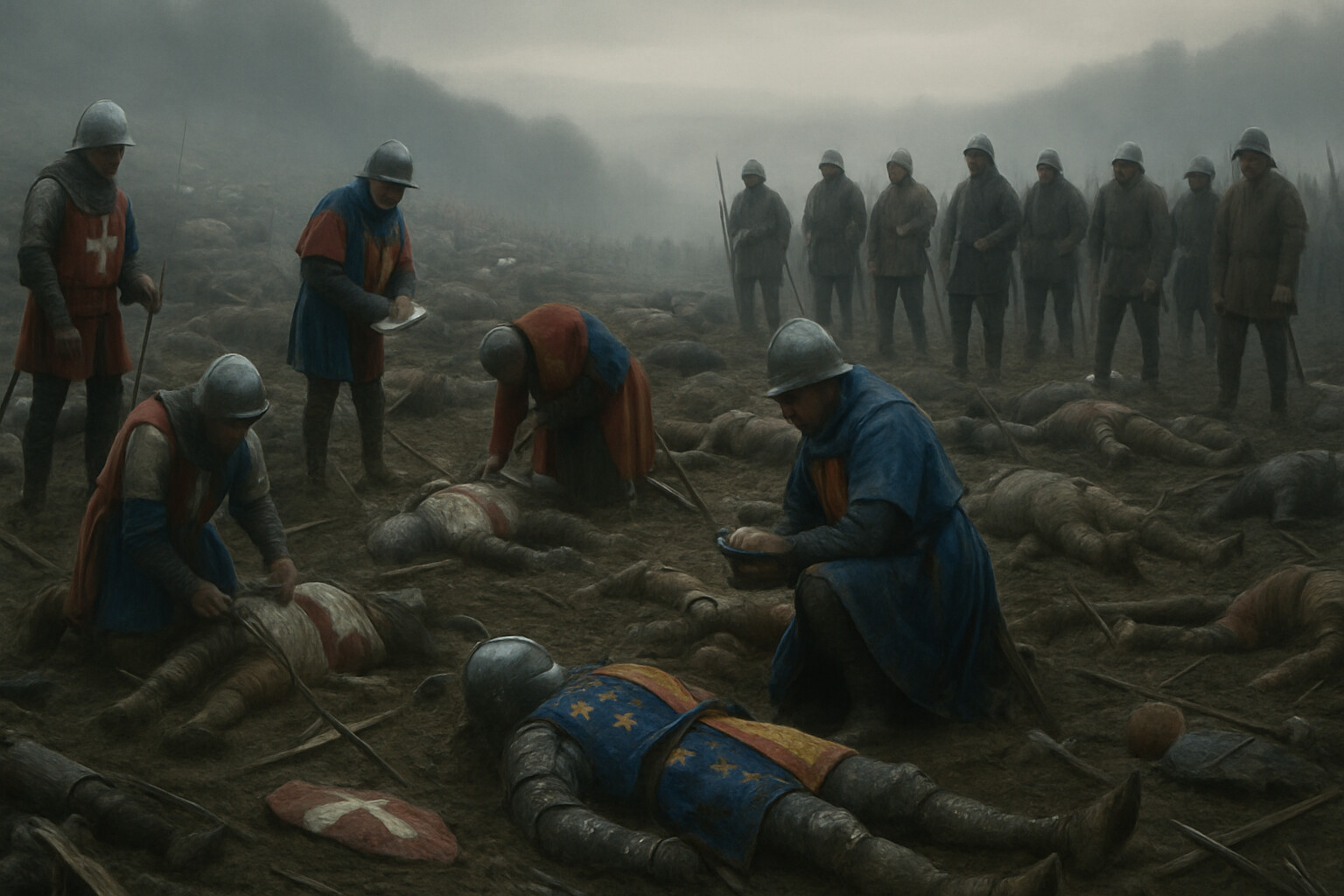The aftermath — the morning after Crécy, heralds moving among the dead on the slope, identifying nobles by their heraldic devices while English soldiers stand among the fallen.
