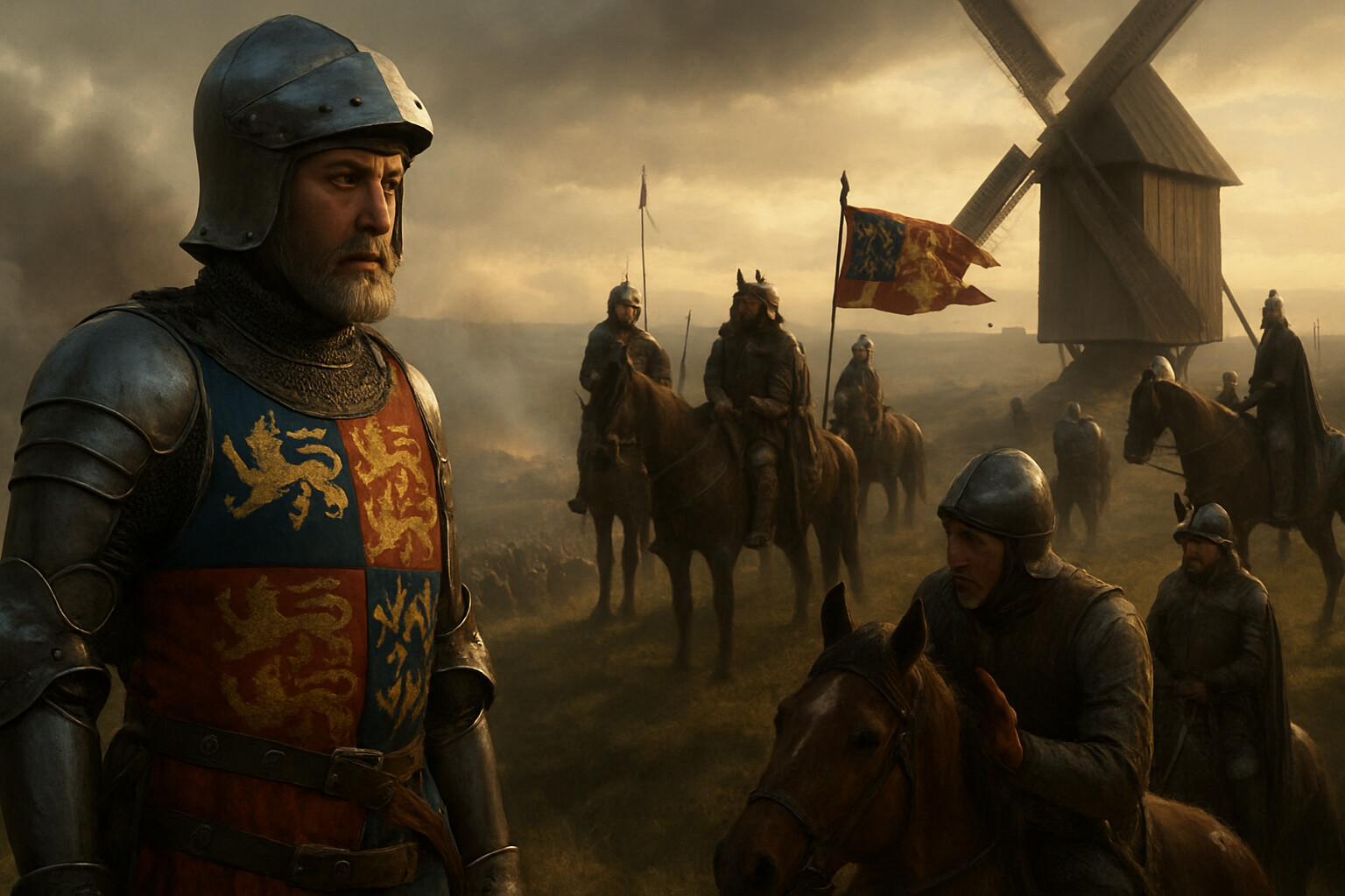Edward III at his command position on the ridge near the windmill, watching the battle unfold in the valley below — the king as operational commander, not romantic hero.
