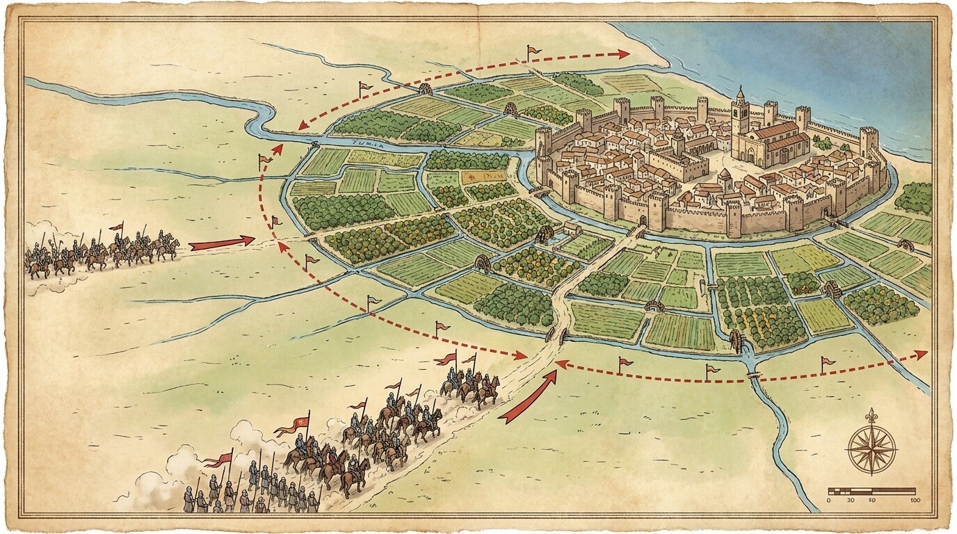 Wide establishing map-style illustration of the Valencian plain: the city walls, the huerta, the Turia River, the road south, the Almoravid columns approaching. A visual geography of the siege and the strategic situation.