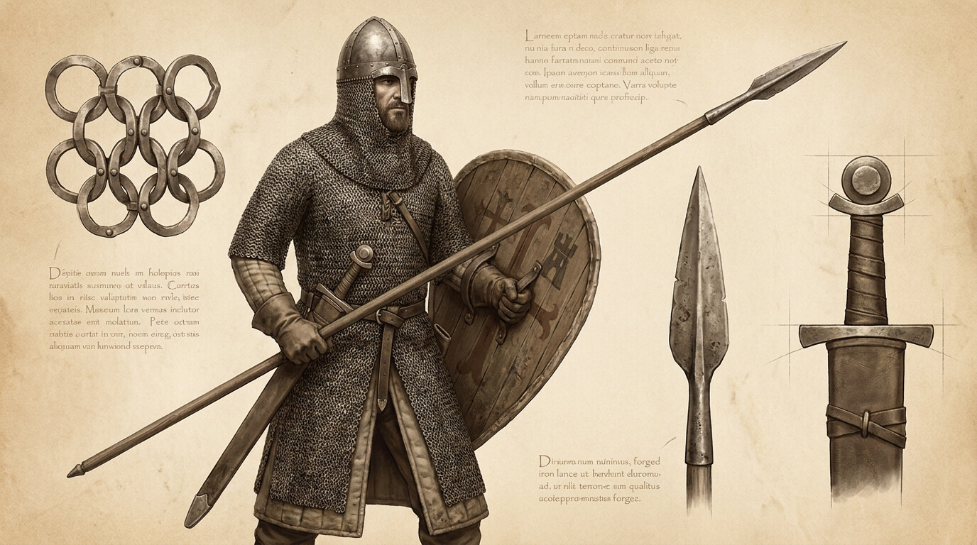 Equipment detail panel: the weapons and armor of an eleventh-century Iberian knight — mail hauberk, conical helmet, kite shield, couched lance, sword — displayed with visual clarity and historical accuracy.