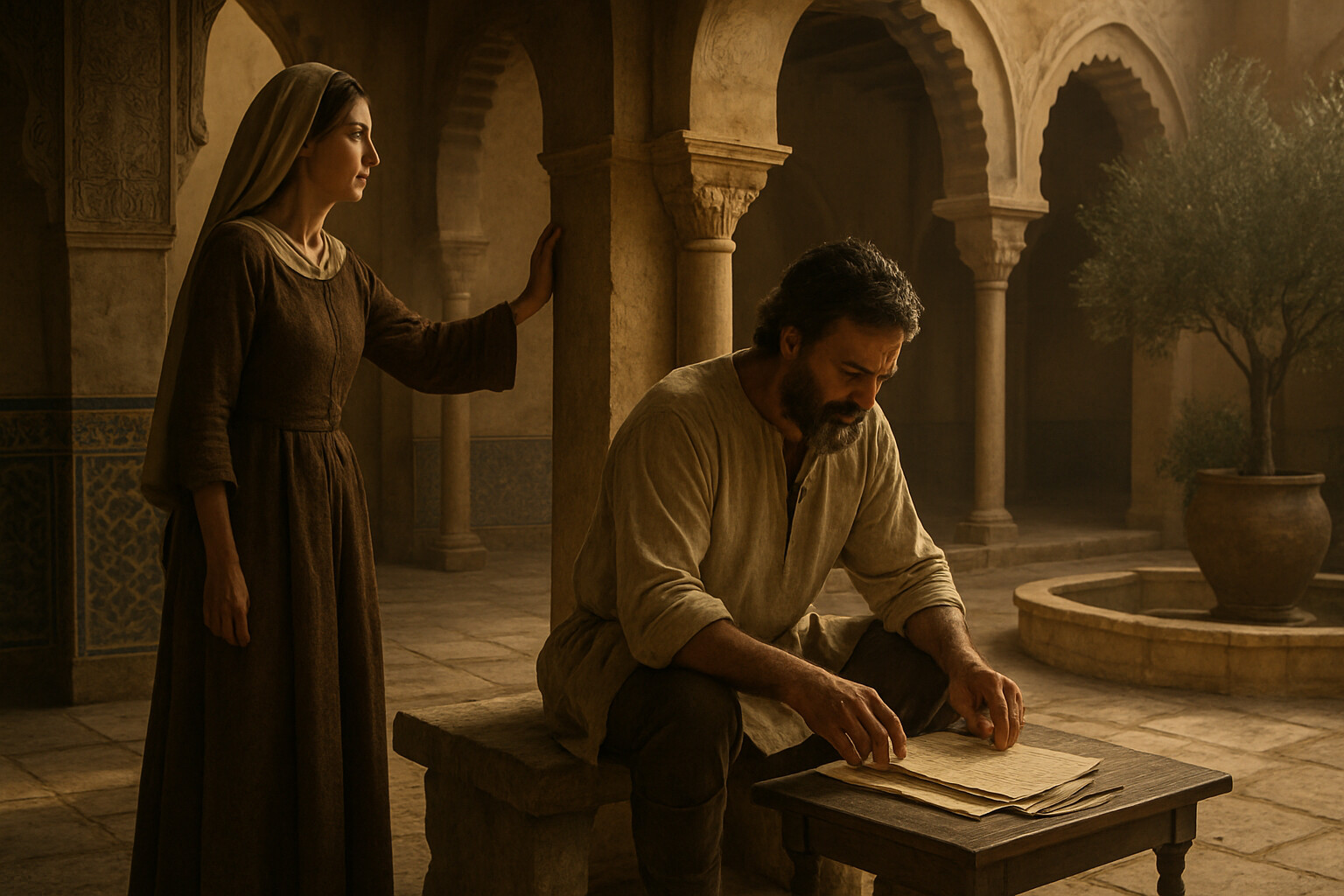 Intimate human scene: Rodrigo and Jimena in Valencia's courtyard or hall, shortly after the city's capture — a rare moment of domestic presence within an extraordinary military life. Quiet, private, the city's weight around them.