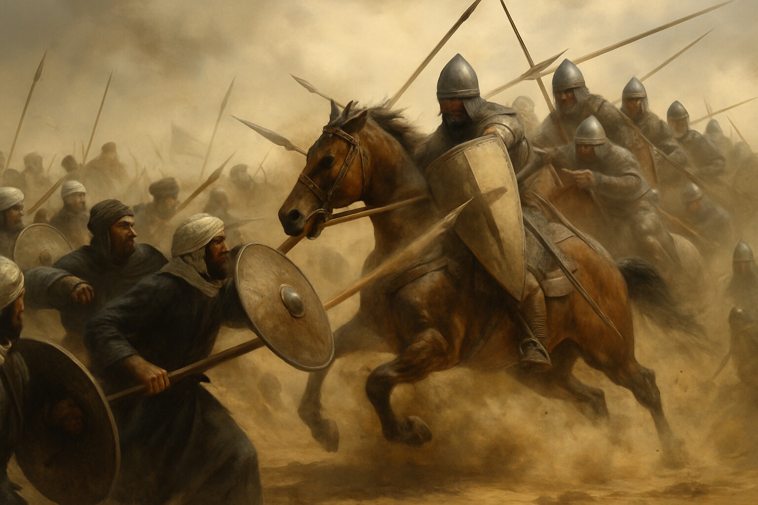 The Battle of Cuarte: the decisive cavalry charge — Rodrigo's knights slamming into the flank of the Almoravid army before it can fully deploy, dust and confusion, the surprise of the attack captured in the moment of impact.