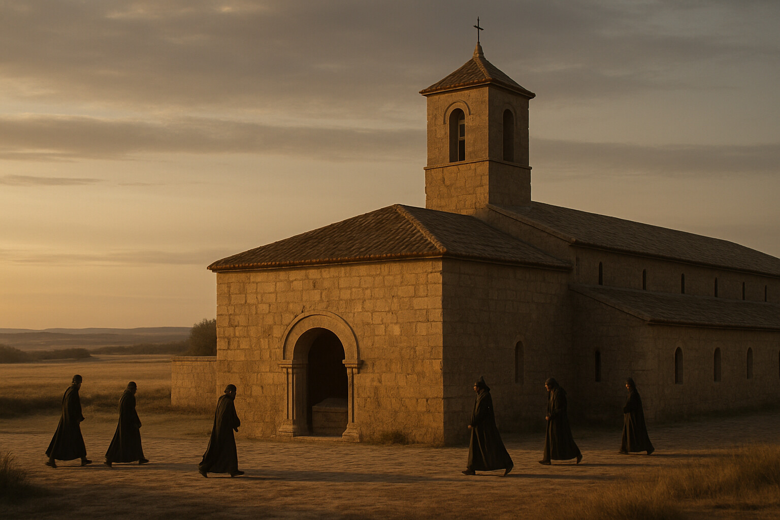 Aftermath and record: the monastery of San Pedro de Cardeña near Burgos, where Rodrigo's body was interred — a medieval monastery in a northern Spanish landscape, dawn light, the weight of history in the stone.