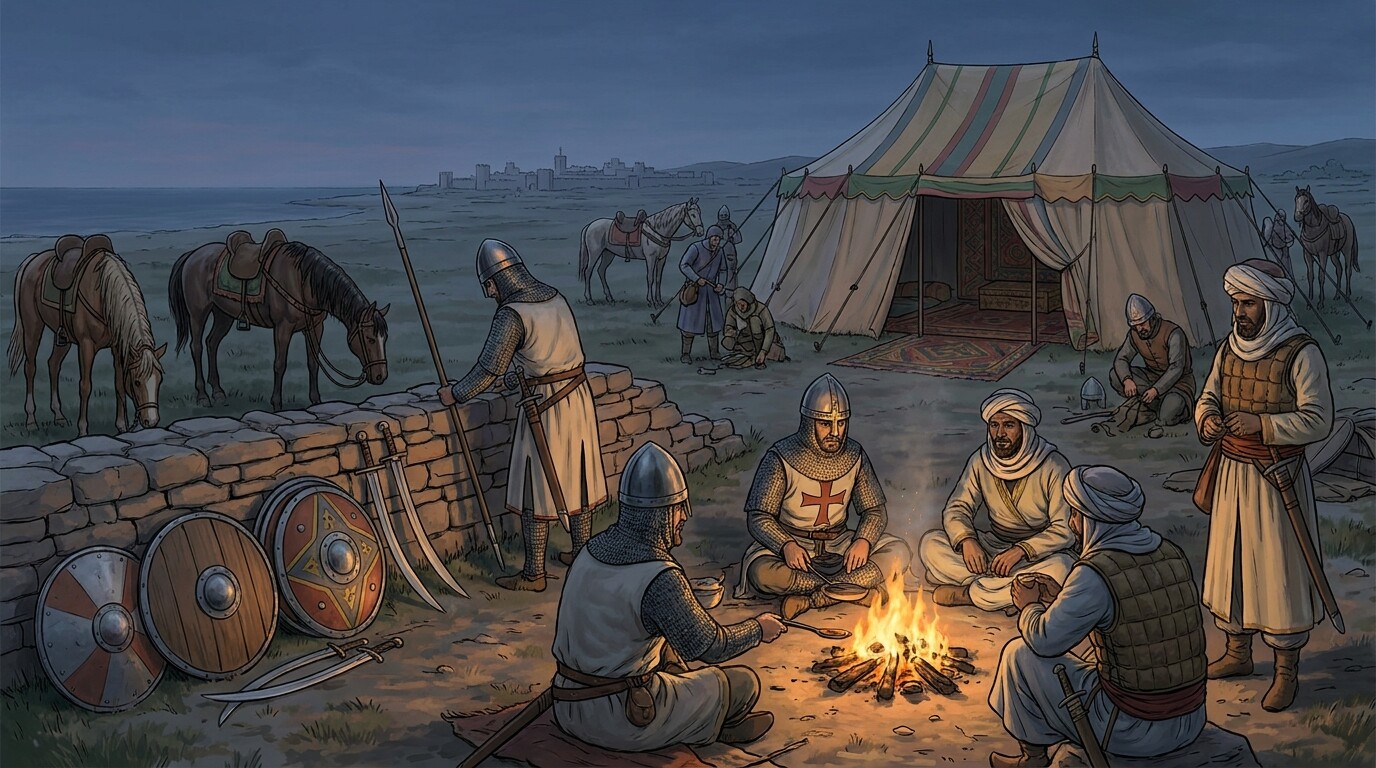 Mixed forces panel: Rodrigo's combined Christian and Moorish army in camp — Castilian knights in mail alongside Andalusian Muslim soldiers in their own equipment, horses, a shared fire, the pragmatic polyglot reality of his force.