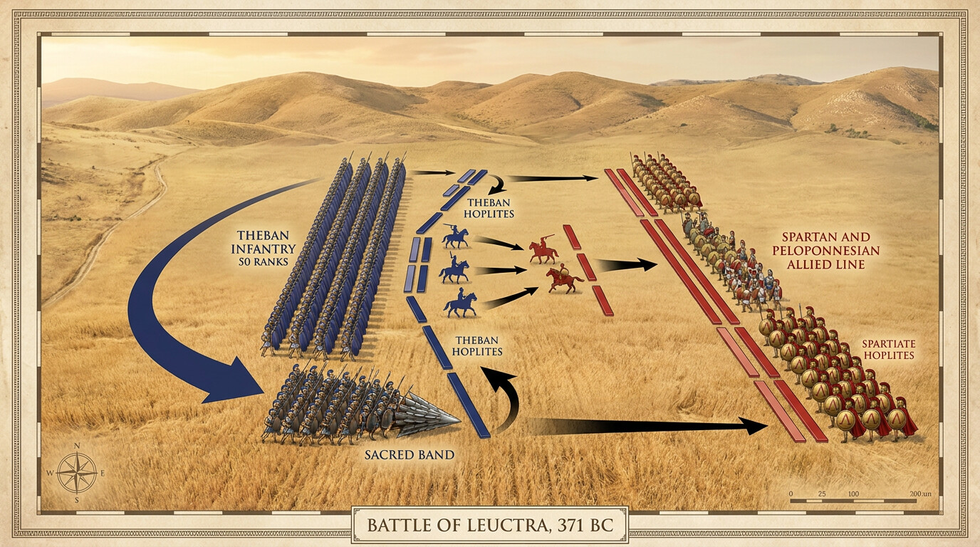 Map/tactical view: A top-down illustrated tactical diagram of the Battle of Leuctra showing the two formations, the oblique Theban advance, the refused right wing, and the cavalry action.