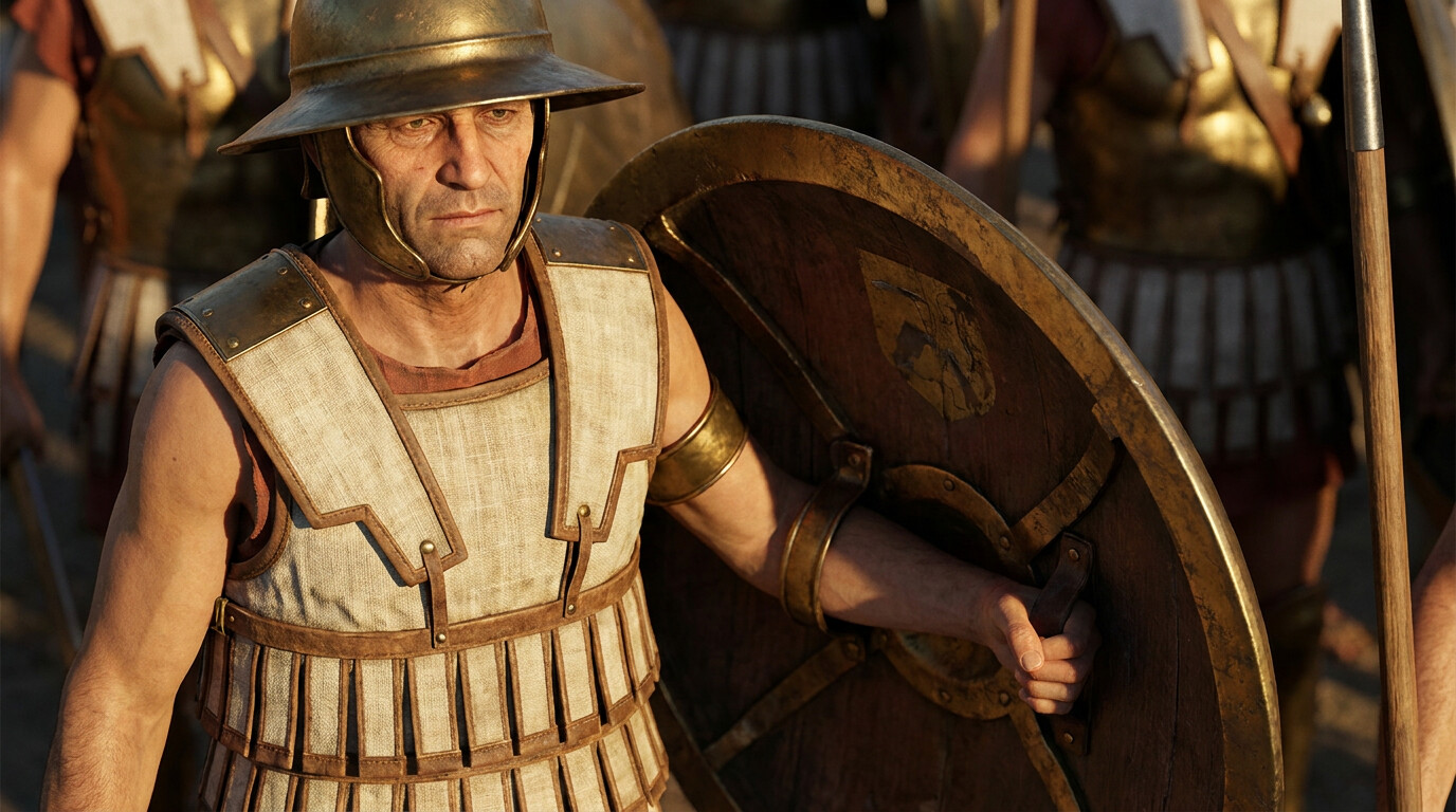 Equipment detail: A close-up study of a Theban Sacred Band hoplite's equipment — aspis shield, dory spear, linothorax armor, pilos or Boeotian helmet — laid out or worn.