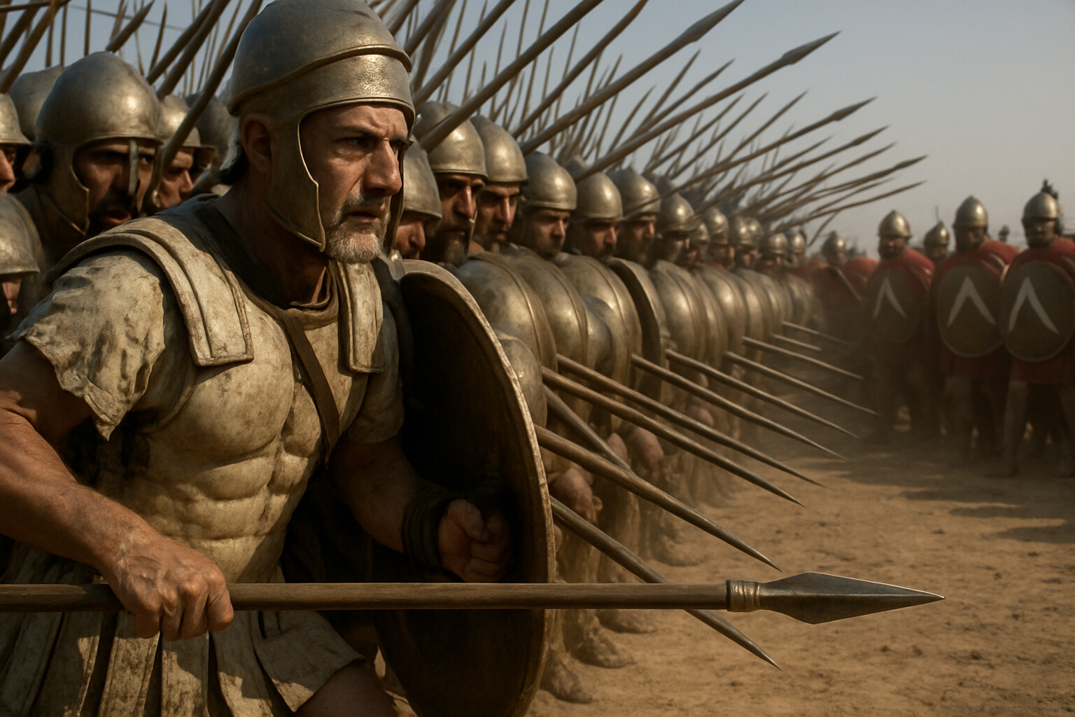 Intimate human scene: Pelopidas at the front of the Sacred Band, in the seconds before the Theban column makes contact with the Spartan line — the last still moment before impact.