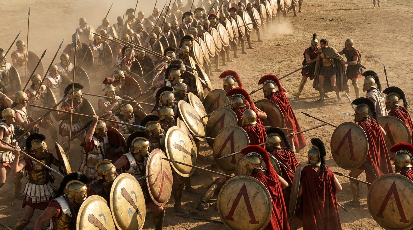 Action: The collision of the Theban left wing with the Spartan right — the moment of impact, the Spartan line breaking under the weight of the column.