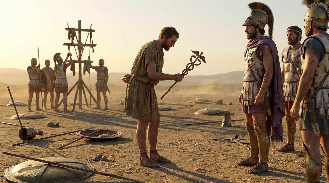 Aftermath/record scene: The Spartan delegation requesting their dead — the herald approaching Epaminondas, the implicit acknowledgment of defeat.