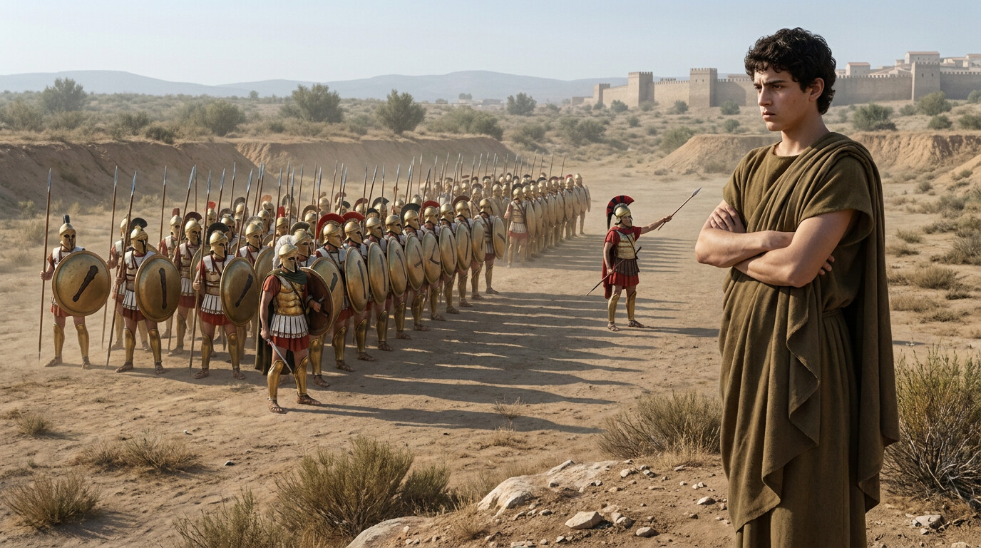 Legacy visual: Philip II of Macedon as a young hostage in Thebes, watching a Theban military exercise or formation — the seed of what would become Macedonian tactics, planted by what Leuctra demonstrated.