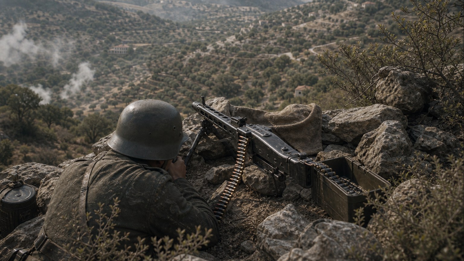 Close-up detail of the German MG 42 machine gun position showing its tactical advantage