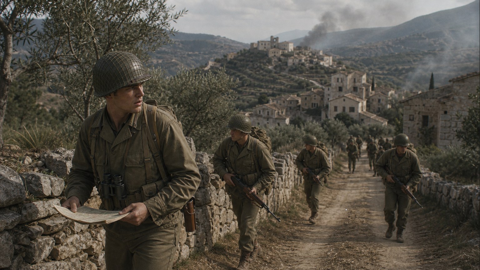 American infantry climbing the Italian hillside road toward Oliveto under smoke and mountain haze