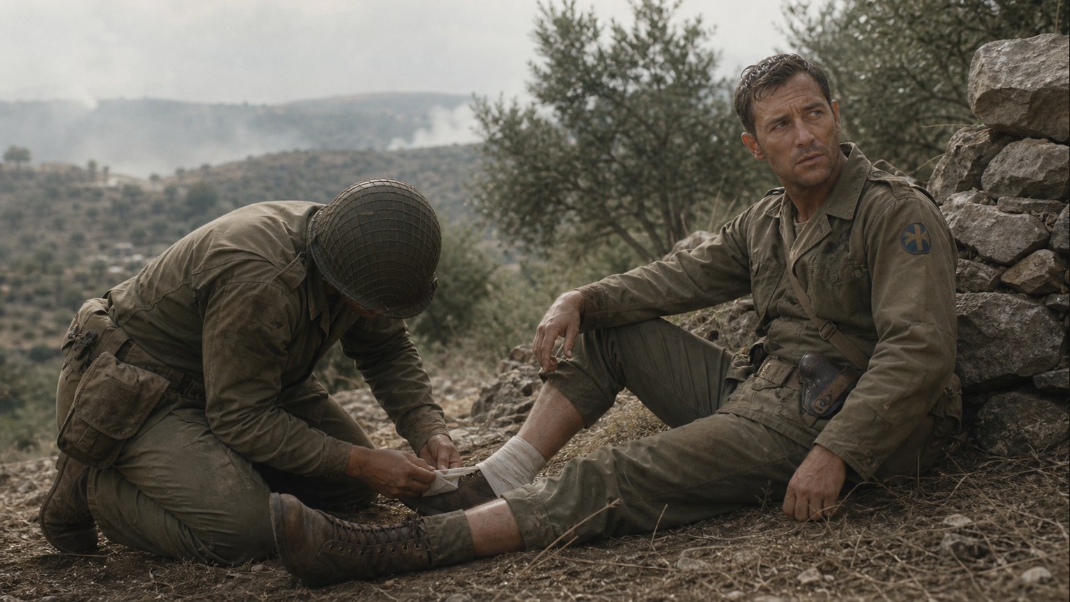 The cost of the hill fight: a wounded foot tended in the field before the push continued