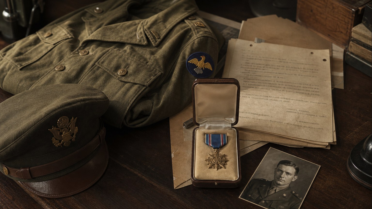 Medal of Honor recognition still life: field jacket, cap, medal case, and wartime papers representing the official record