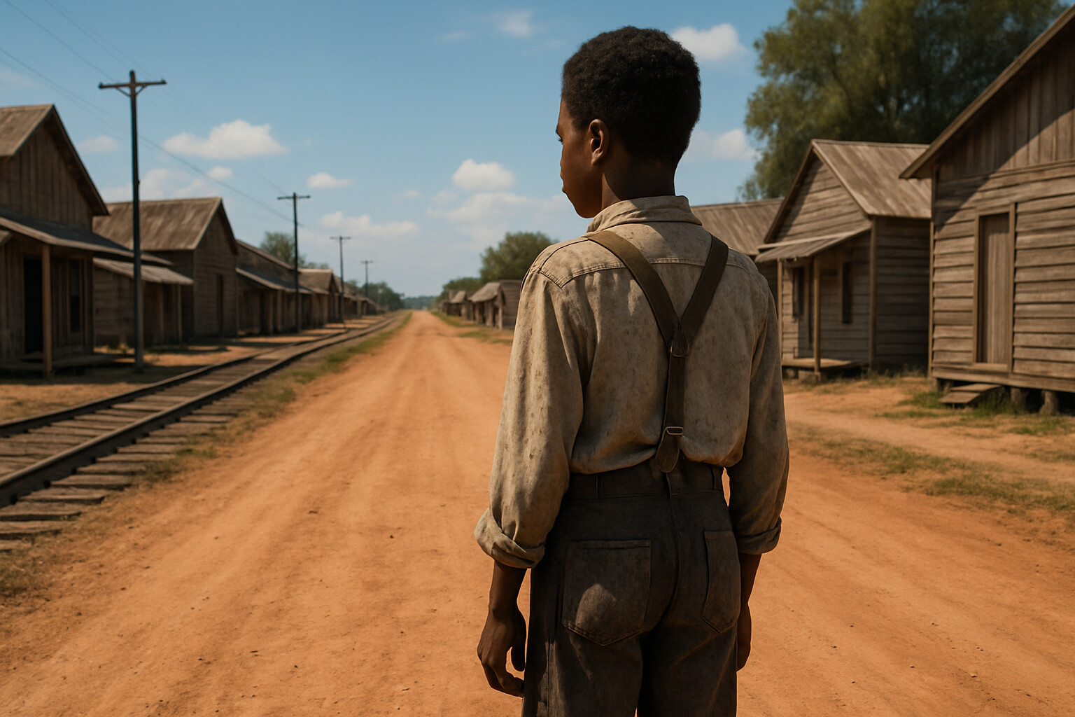Portrait panel: Eugene Bullard as a young man in Columbus, Georgia, circa 1906-1908 — pre-war, the American South. A child looking down a long road out of a Jim Crow town. Red Georgia clay, unpainted wooden buildings, a railroad track stretching to the horizon. The visual contrast to the later European panels should be stark — American rural poverty and racial constriction.