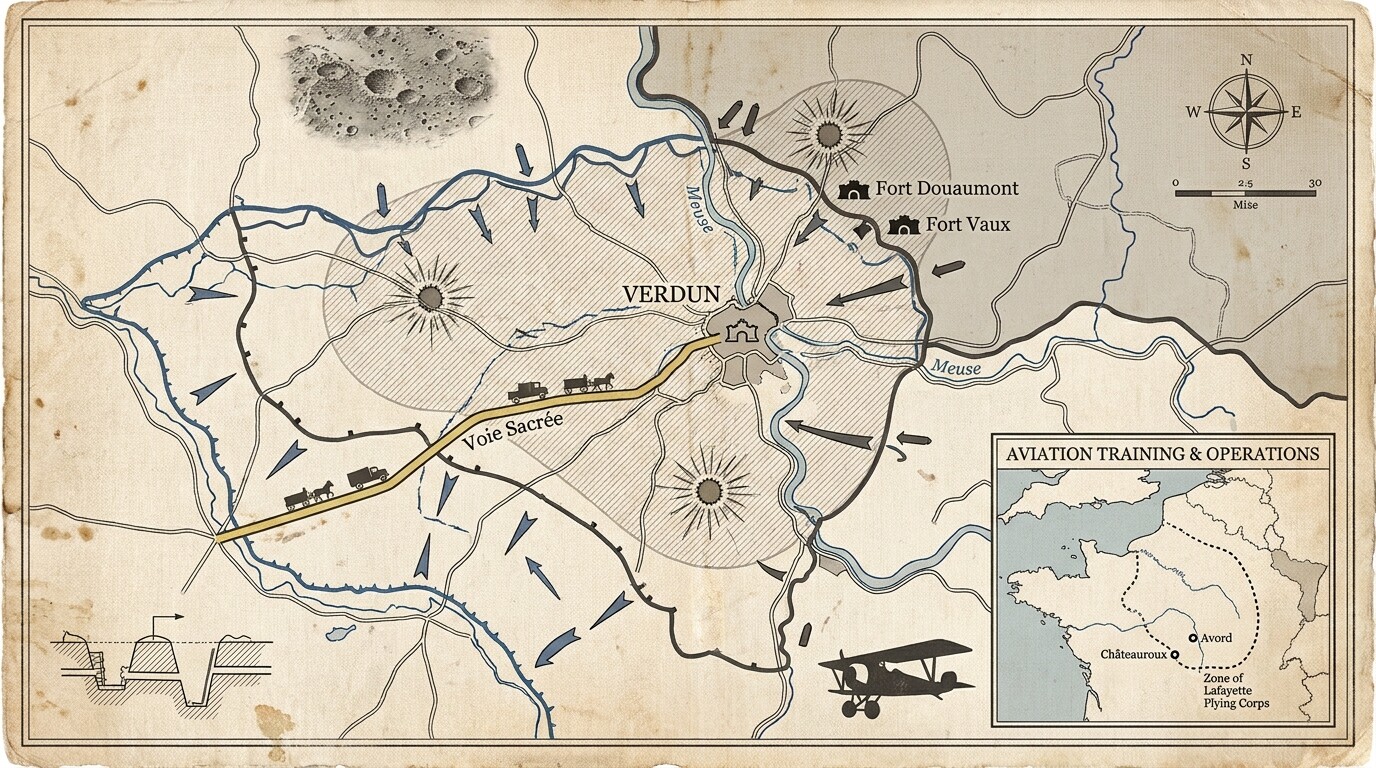 Map/route panel: The Western Front in 1916, showing the Verdun sector with the Voie Sacrée supply route, fort positions, and trench lines. A secondary inset shows France's aviation training locations at Châteauroux and Avord where Bullard trained. The visual should feel like a military operational map with documentary annotations.