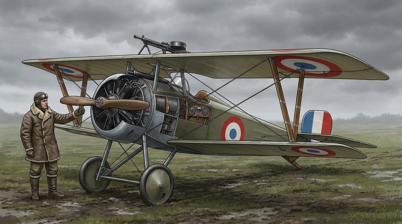 Equipment breakdown panel: The Nieuport 24 fighter aircraft in detail — a split illustration showing the aircraft from the side in French air service markings, with technical callouts pointing to the Le Rhône rotary engine, the Lewis gun on the upper wing with drum magazine, the open cockpit, and the sesquiplane wing arrangement. A pilot in period flying gear stands beside it for scale.