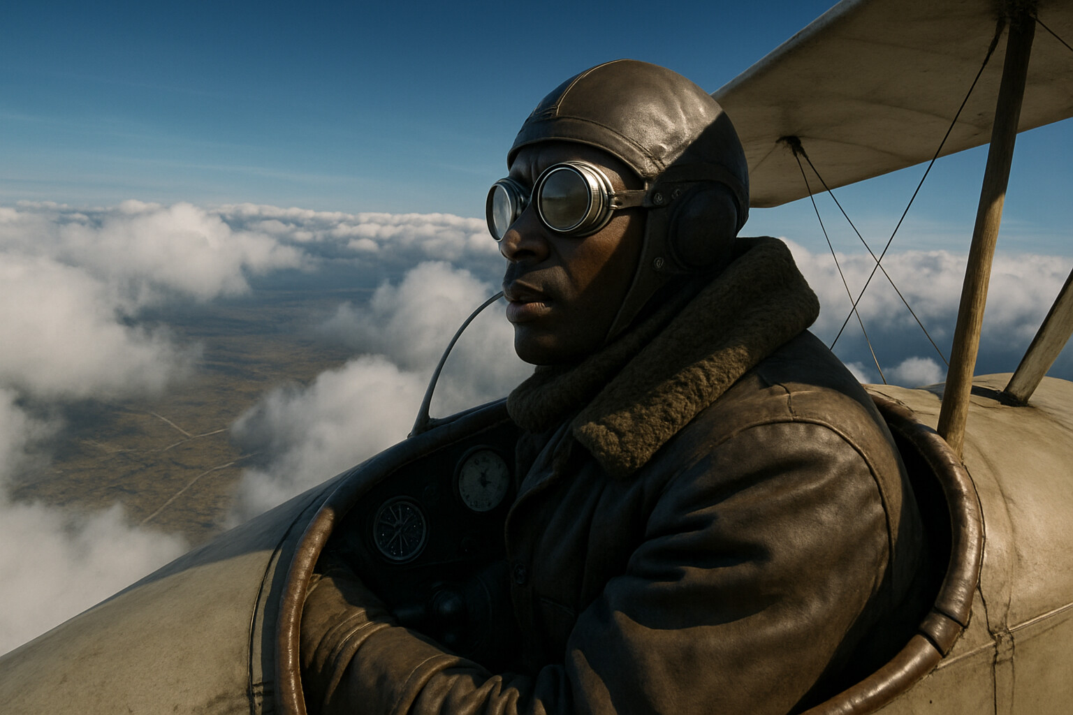 Action/intimate human scene: Bullard in the cockpit of his Nieuport 24 at altitude over the Western Front. Cloud layer below, scarred battlefield visible through breaks in the clouds. He is scanning the sky. The isolation and exposure of the open cockpit at altitude — no parachute, no canopy, nothing between him and the sky — should be visually conveyed.