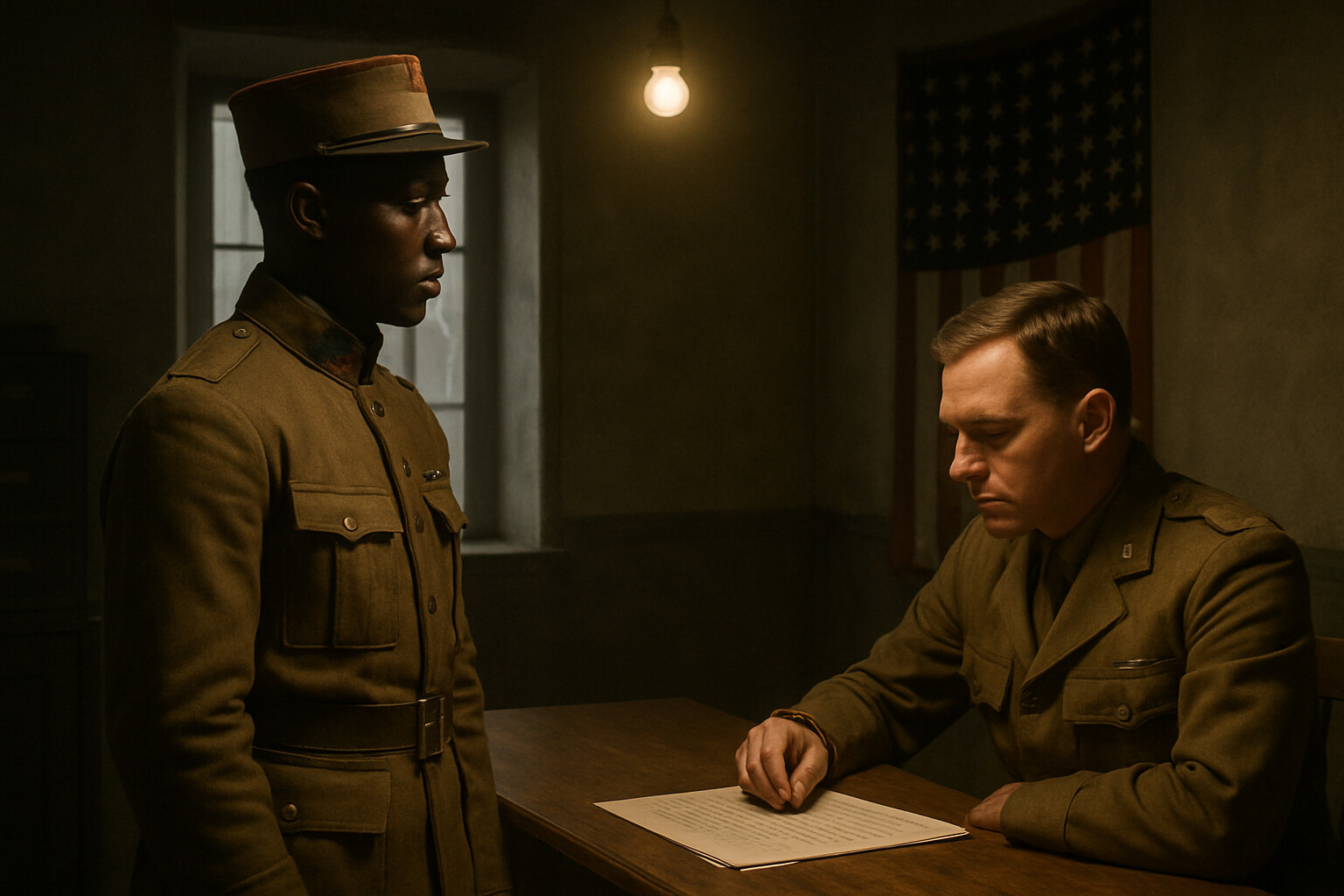 Rejection scene: Bullard at a U.S. Army Air Service administrative desk or officer's office, in French military uniform, 1917. An American officer sits across from him, the paperwork of his transfer application visible on the desk between them. The visual should convey the bureaucratic wall of institutional racism without dramatizing a specific invented confrontation.