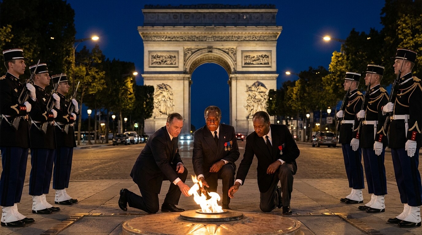 Legacy/aftermath scene: The 1954 ceremony at the Arc de Triomphe in Paris, at night. Bullard — now in his late fifties — is one of three men kneeling at the eternal flame to rekindle it, surrounded by a formal French military honor guard in dress uniform. The Paris night and the illuminated Arc de Triomphe form the backdrop. The moment of recognition, late and partial but real.