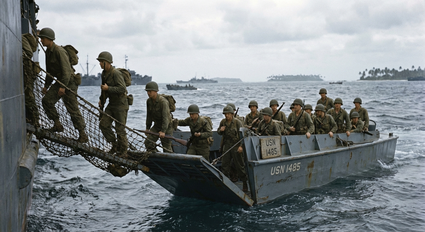 Marines splash ashore beneath smoke while the white coral beach glares in the sun.