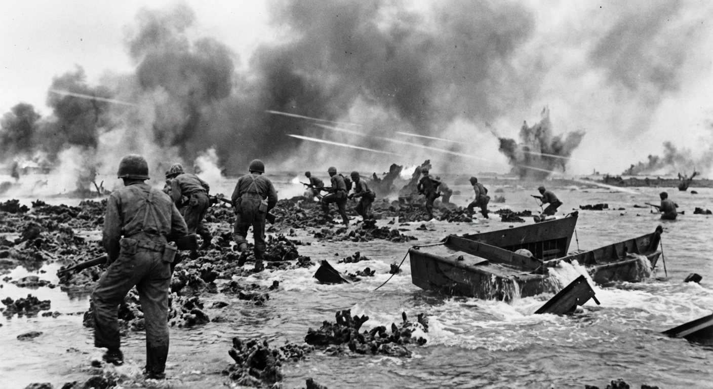 Eugene Sledge moves inland with Company K carrying mortar ammunition through coral dust.