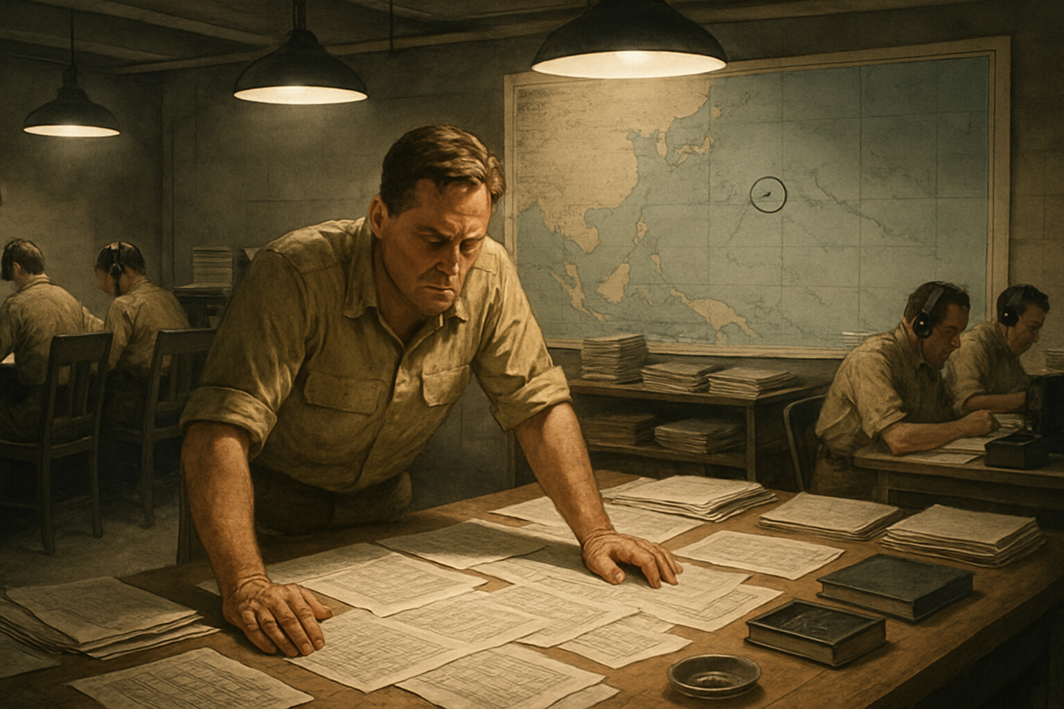 Wide strategic map scene: Station Hypo's basement intelligence center at Pearl Harbor, Commander Rochefort at a large table covered with decoded Japanese naval message traffic, charts, and codebooks, surrounded by analysts under harsh overhead lights. A map of the Pacific is pinned to the wall with Midway circled.