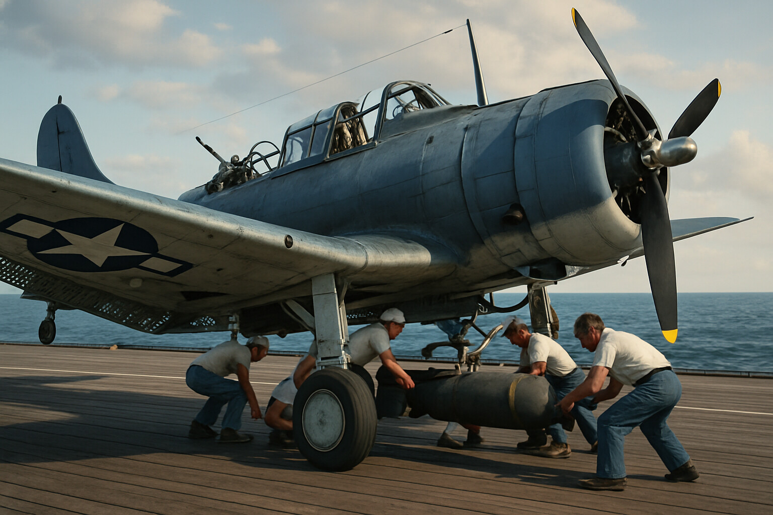 Equipment/aircraft detail: Three-quarter external view of an SBD Dauntless on the flight deck of a U.S. carrier in the Pacific, ground crew working on it, the bomb crutch/swing mechanism visible under the fuselage, a 1,000 lb bomb being attached. Morning light, ocean horizon beyond the deck edge.