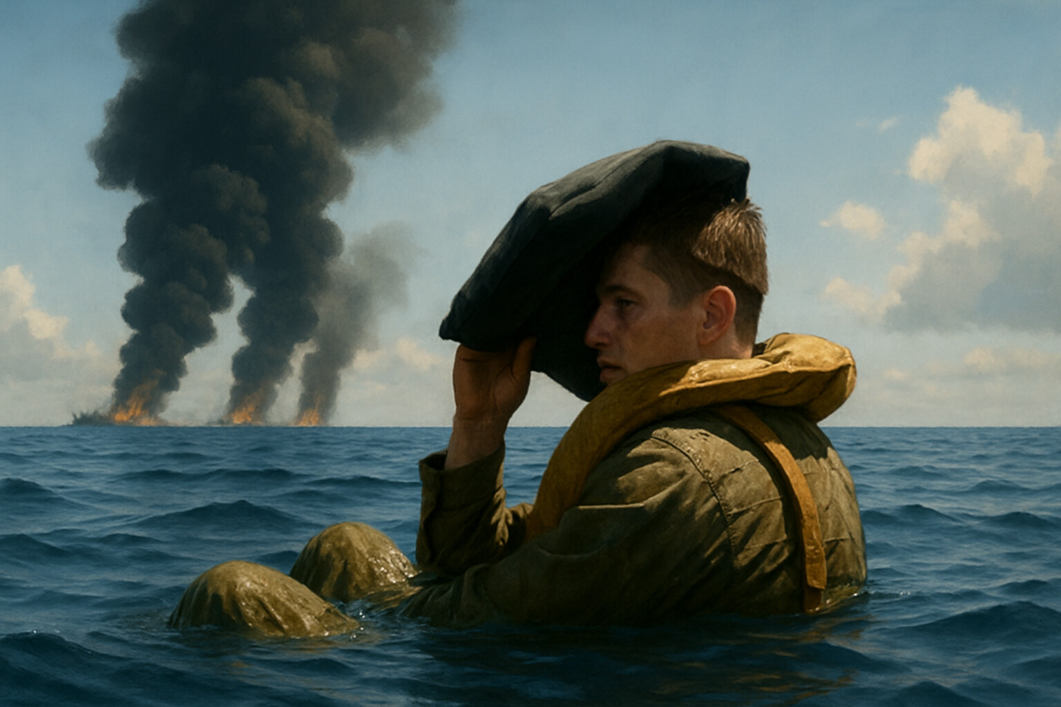Intimate human scene: Ensign George Gay, sole survivor of Torpedo Squadron 8, floating in the Pacific, using a dark seat cushion to partially cover his head as three Japanese fleet carriers burn on the horizon in the distance. The scale of the man against the vast ocean and the distant fires.