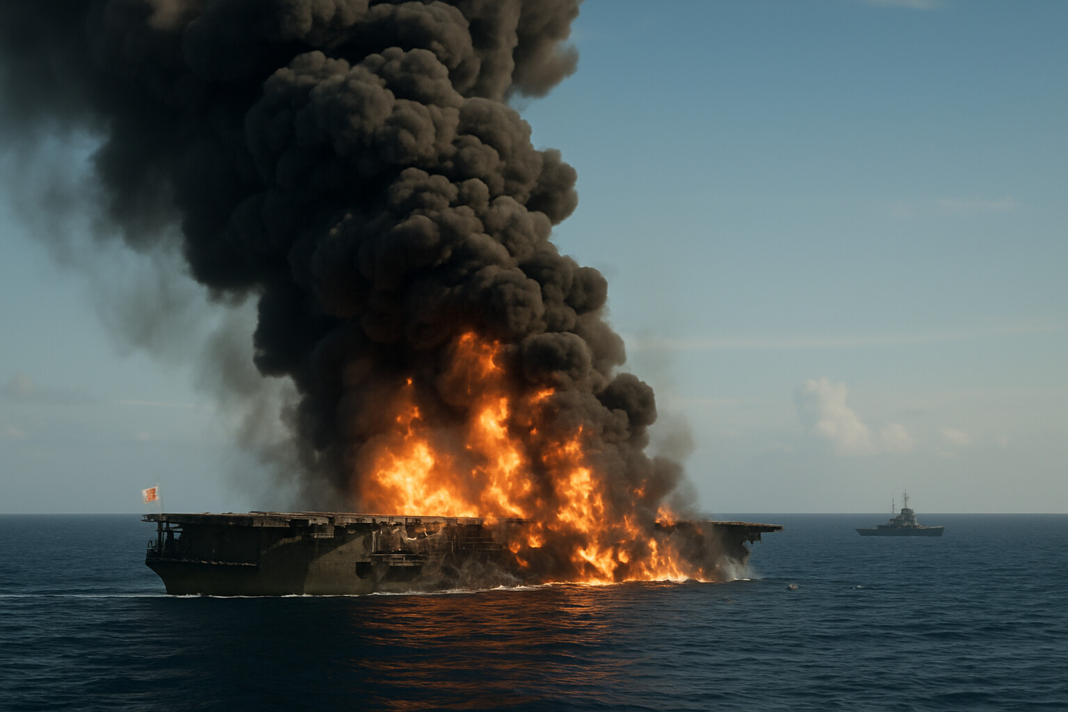 Aftermath/catastrophe scene: The Japanese carrier Kaga burning and listing in the Pacific, afternoon of June 4, 1942. Massive fires amidships, secondary explosions visible, black smoke covering the sky, a Japanese destroyer standing off nearby. Scale of the burning ship against the Pacific horizon.