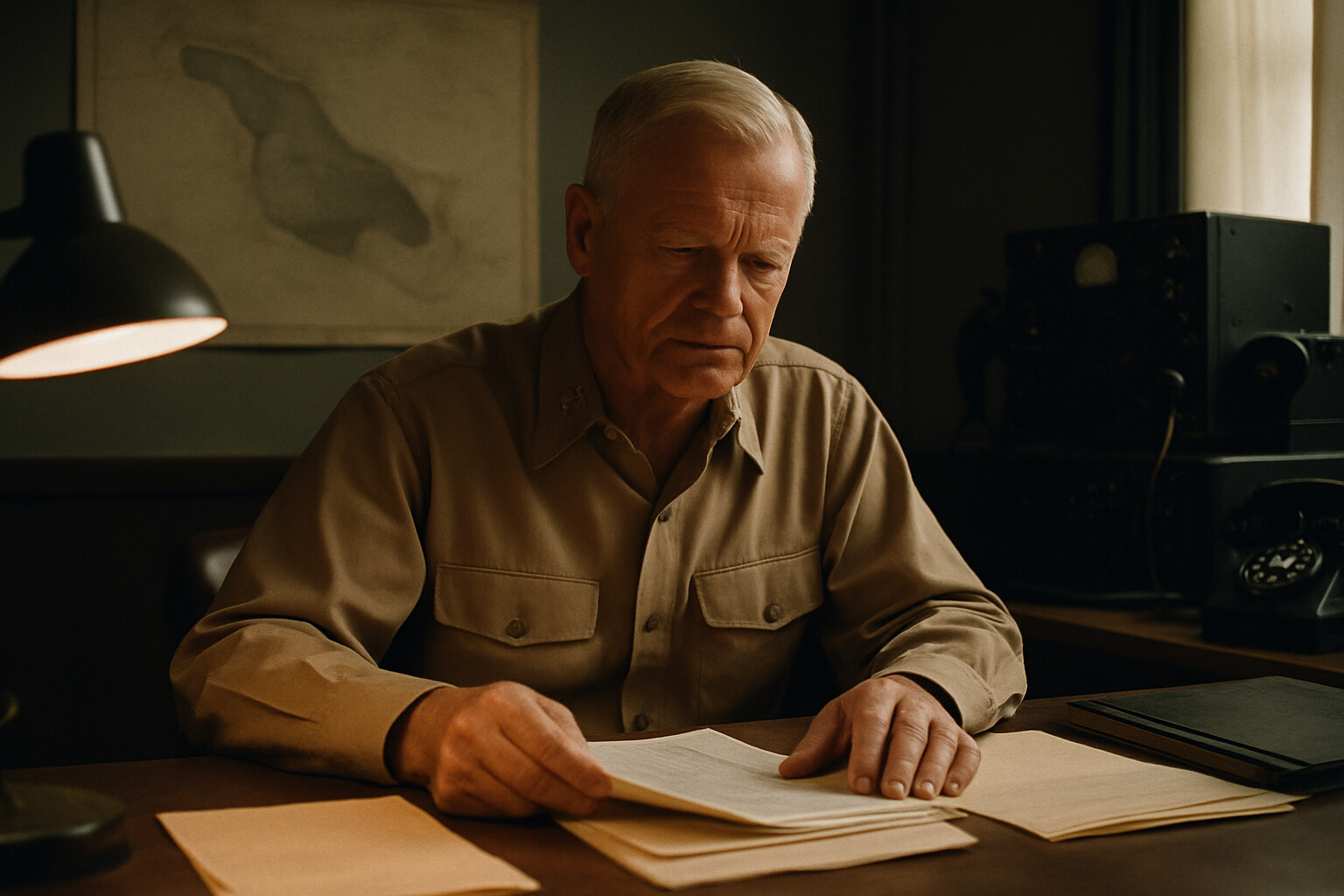 Source/record scene: Admiral Nimitz at his desk at Pearl Harbor, reviewing after-action reports and signals traffic about the battle's outcome. A map of Midway on the wall, communications equipment nearby, a quiet moment of reckoning after the battle's results are confirmed.