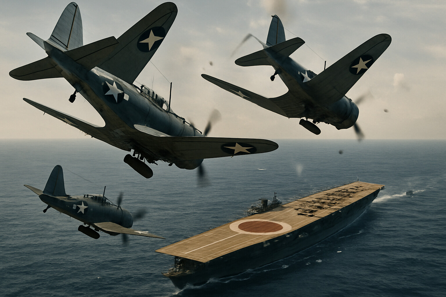 Story-specific visual: The decisive moment of the dive. A formation of three SBD Dauntlesses in their steep dive, viewed from slightly below and behind, plummeting toward the Japanese carrier Akagi below—its flight deck jammed with aircraft, the red rising sun emblem visible on the deck, the Pacific stretching around it. The geometry of judgment from 10,000 feet.