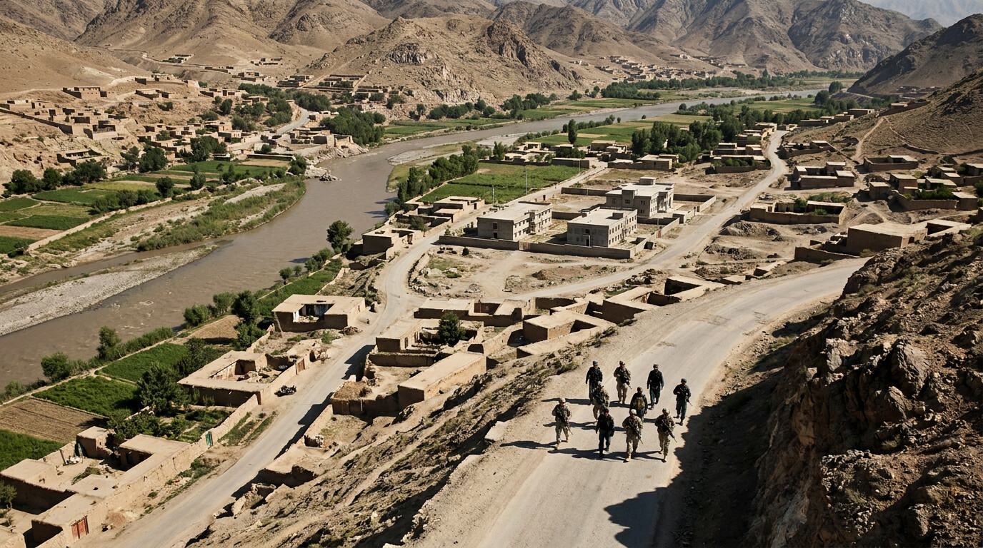 Wide establishing shot: Asadabad from above at ground patrol height — the town's geography, the river confluence, the narrow roads, the government center visible in the background. Shows the operational environment.