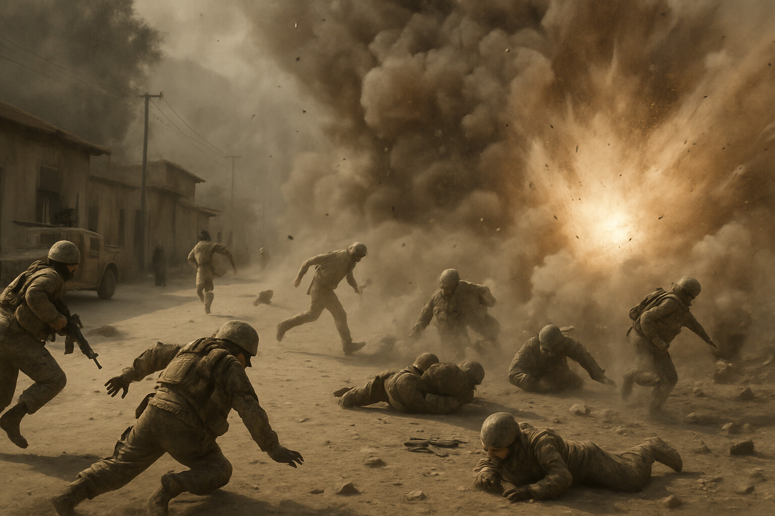 The detonation: the explosion at the margin of the formation — light, smoke, dust, the formation scattered, the epicenter away from the main cluster of personnel.