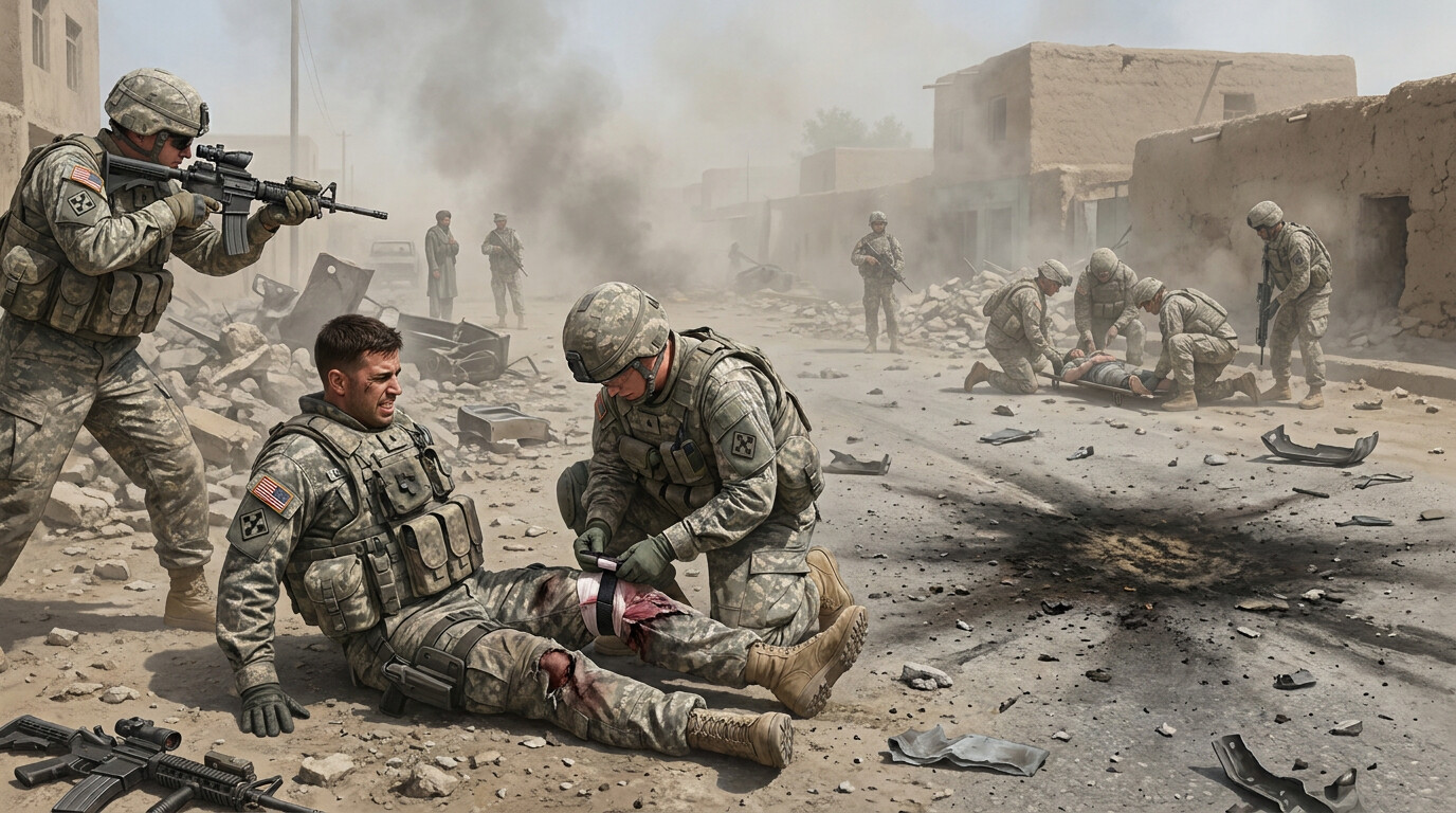 Aftermath: the immediate casualty scene — Groberg on the ground, leg severely wounded, other wounded and medics working, the dust settling, the terrible cost made visible.