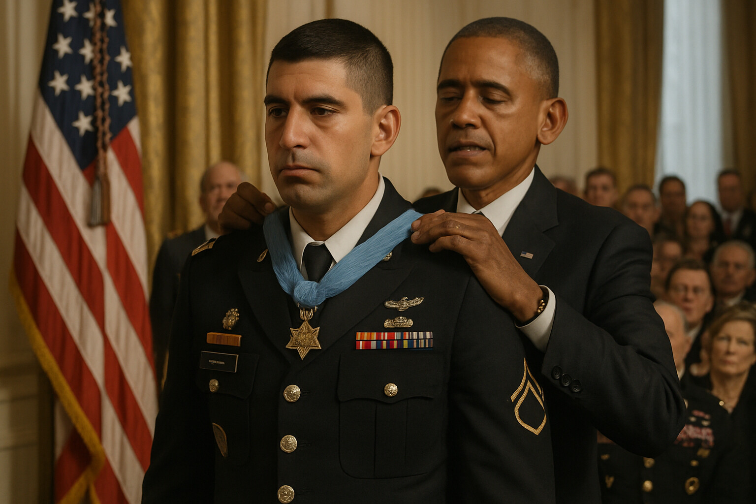The Medal of Honor ceremony: Groberg standing before President Obama at the White House, November 12, 2015 — the physical cost visible, the decoration being presented, the weight of the moment captured.