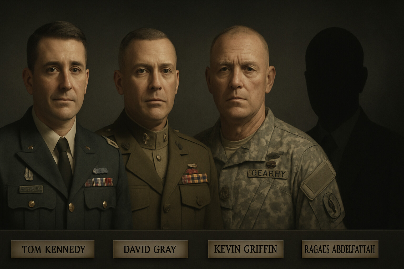 Memorial portrait: the four who died — Kennedy, Gray, Griffin, Abdelfattah — their photographs or silhouettes arranged as a quiet tribute, the names permanent. This panel honors the dead at the center of the story.