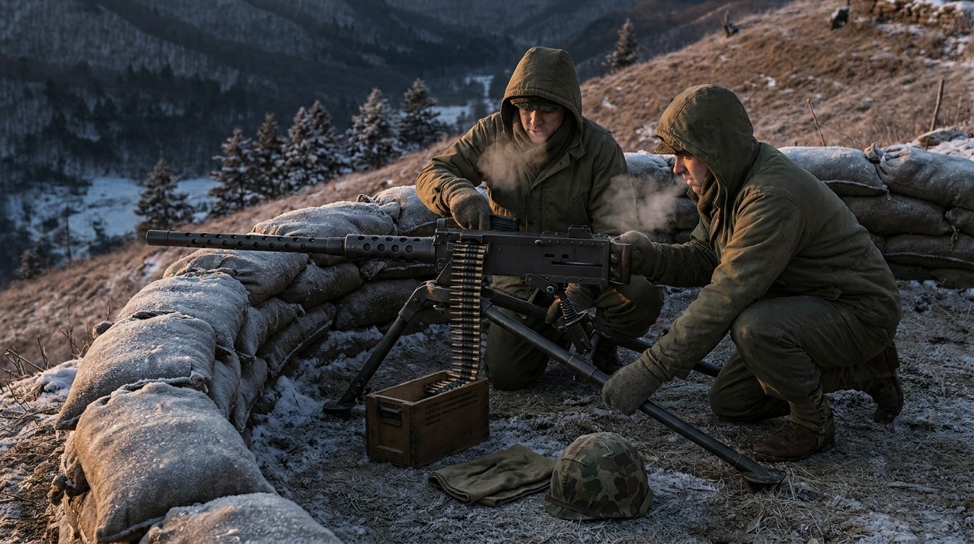 Equipment detail: a Marine weapons section setting up an M1919A4 machine gun in a sandbagged fighting position at dusk, preparing for the night. Cold-weather gear, frozen breath, ammunition belts, the physicality of the work.