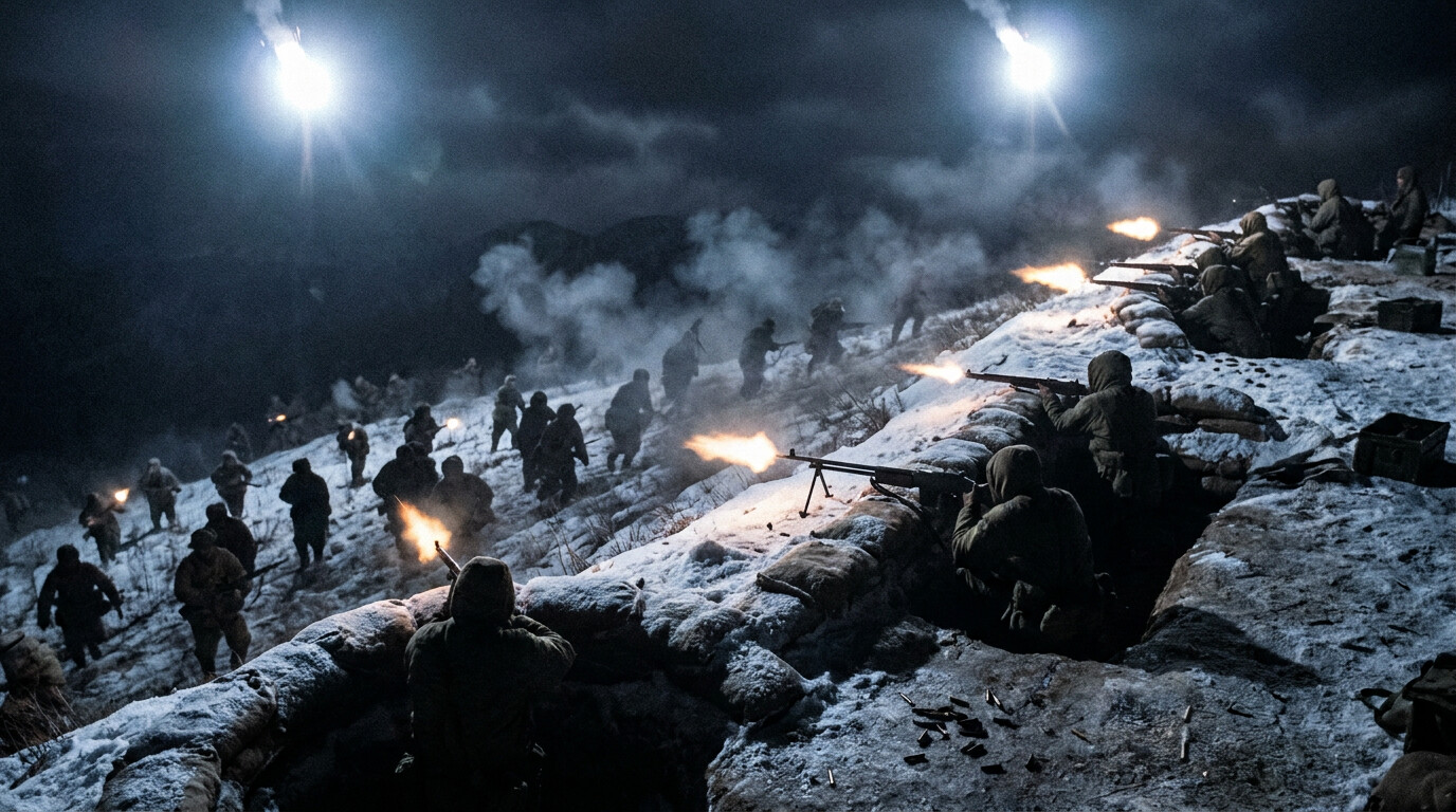 Night assault: the Fox Company perimeter under attack. Muzzle flashes along the defensive line, illumination flares hanging overhead, dark figures of Chinese infantry visible on the slope below. The controlled chaos of a defended perimeter at night.