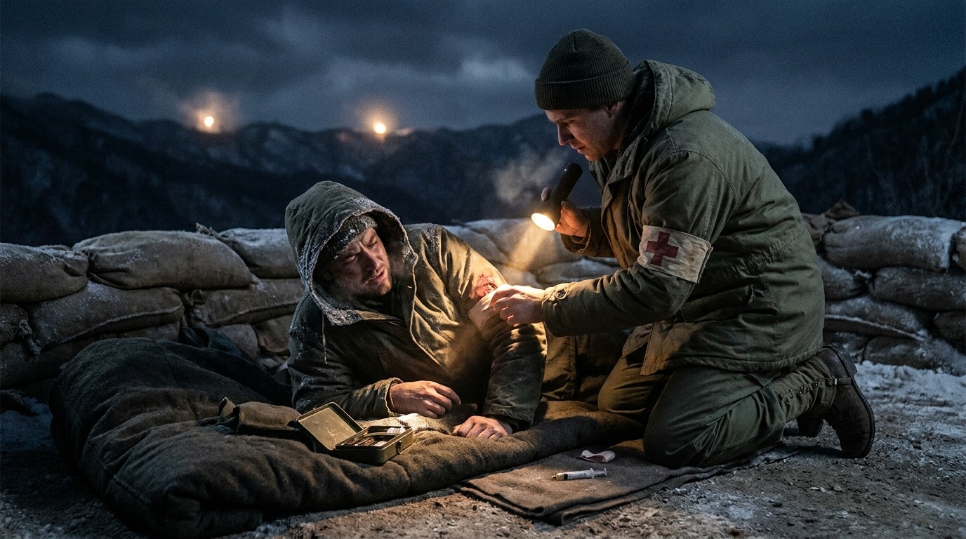 Intimate human scene: a Navy corpsman treating a wounded Marine in a shallow fighting hole during a lull between attacks. Cold, exhaustion, determination. The human cost made specific.