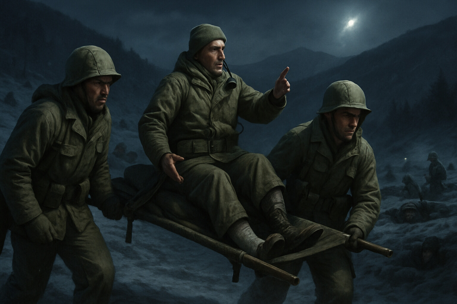 Captain Barber commanding from a stretcher: wounded but directing the defense, being carried by two Marines to a threatened sector of the perimeter. The specific image of determined command under physical hardship.