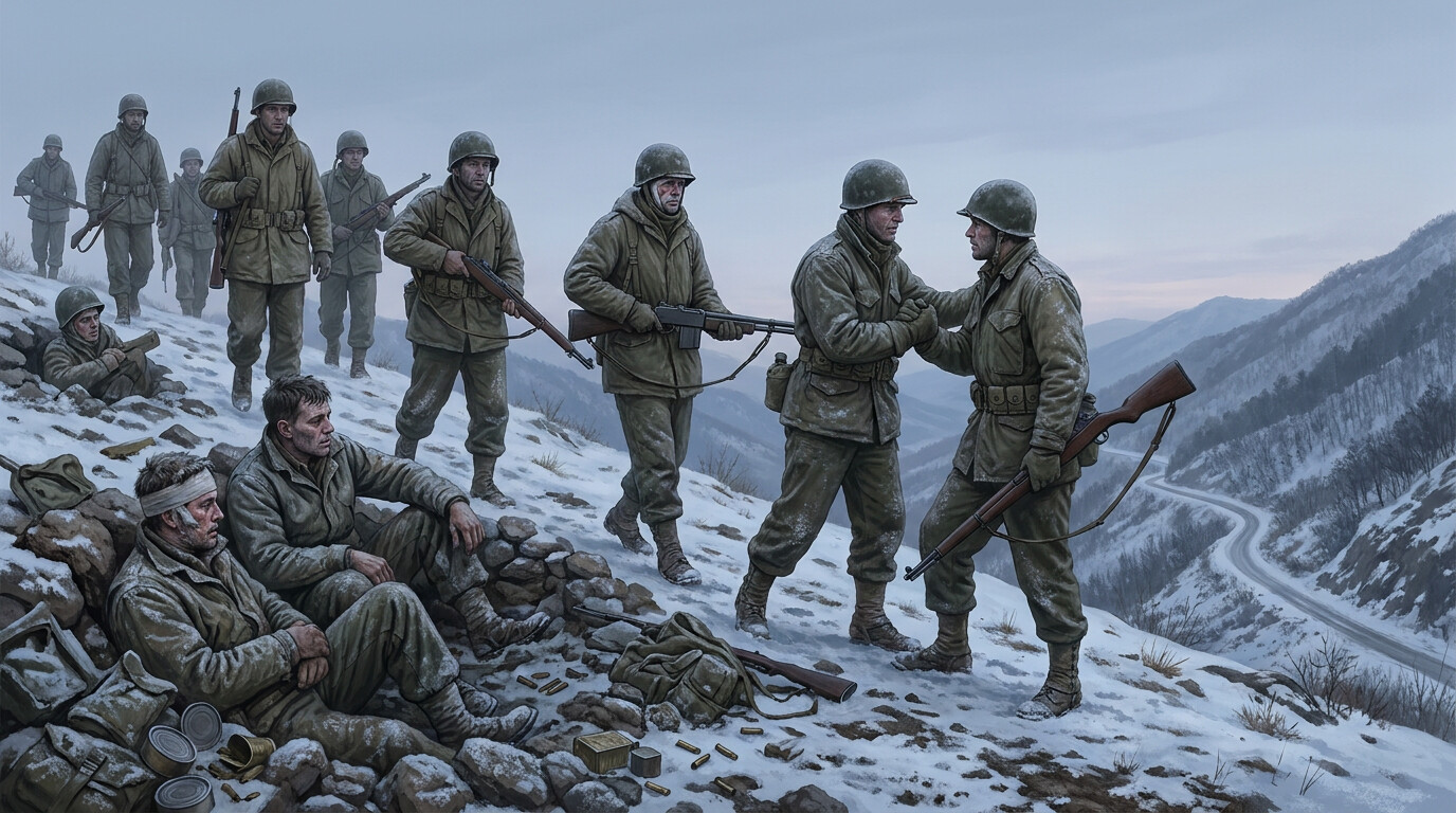 Relief and aftermath: December 2, as the relief force reaches Fox Company's position. Marines from the relief column meeting the survivors of Fox Company on the hillside. The road below visible and open. The cost of the stand evident in the survivors' condition.