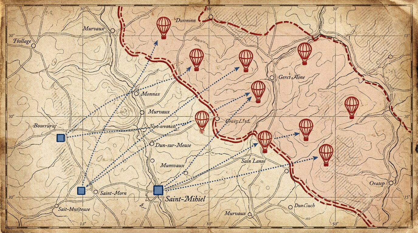 Map showing Luke's patrol area and balloon targets in northeastern France