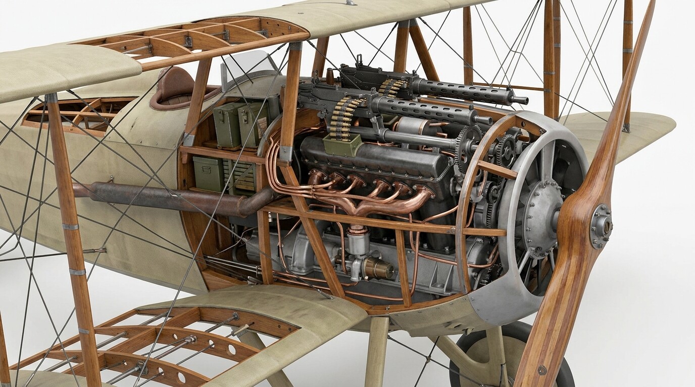cutaway view of a SPAD XIII showing weapons and engine details
