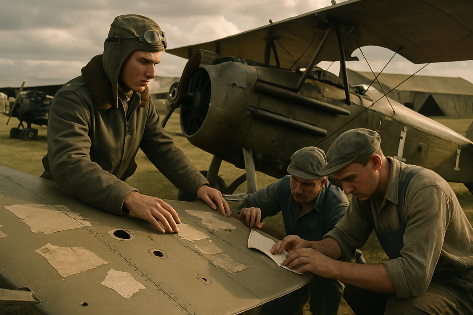 Luke and his mechanics working on his battle-damaged SPAD at the airfield