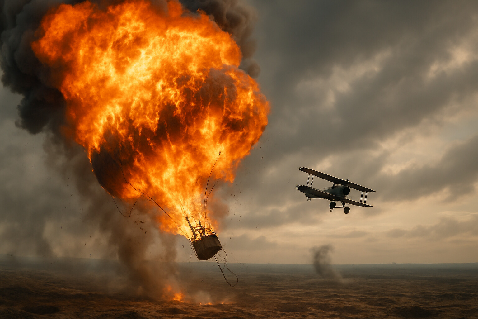 German observation balloon bursting into flames from Luke's attack
