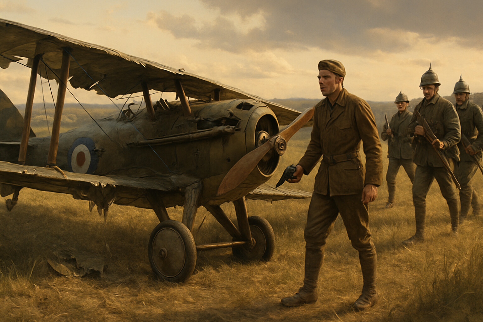 Luke's crashed SPAD XIII in a field with German soldiers approaching