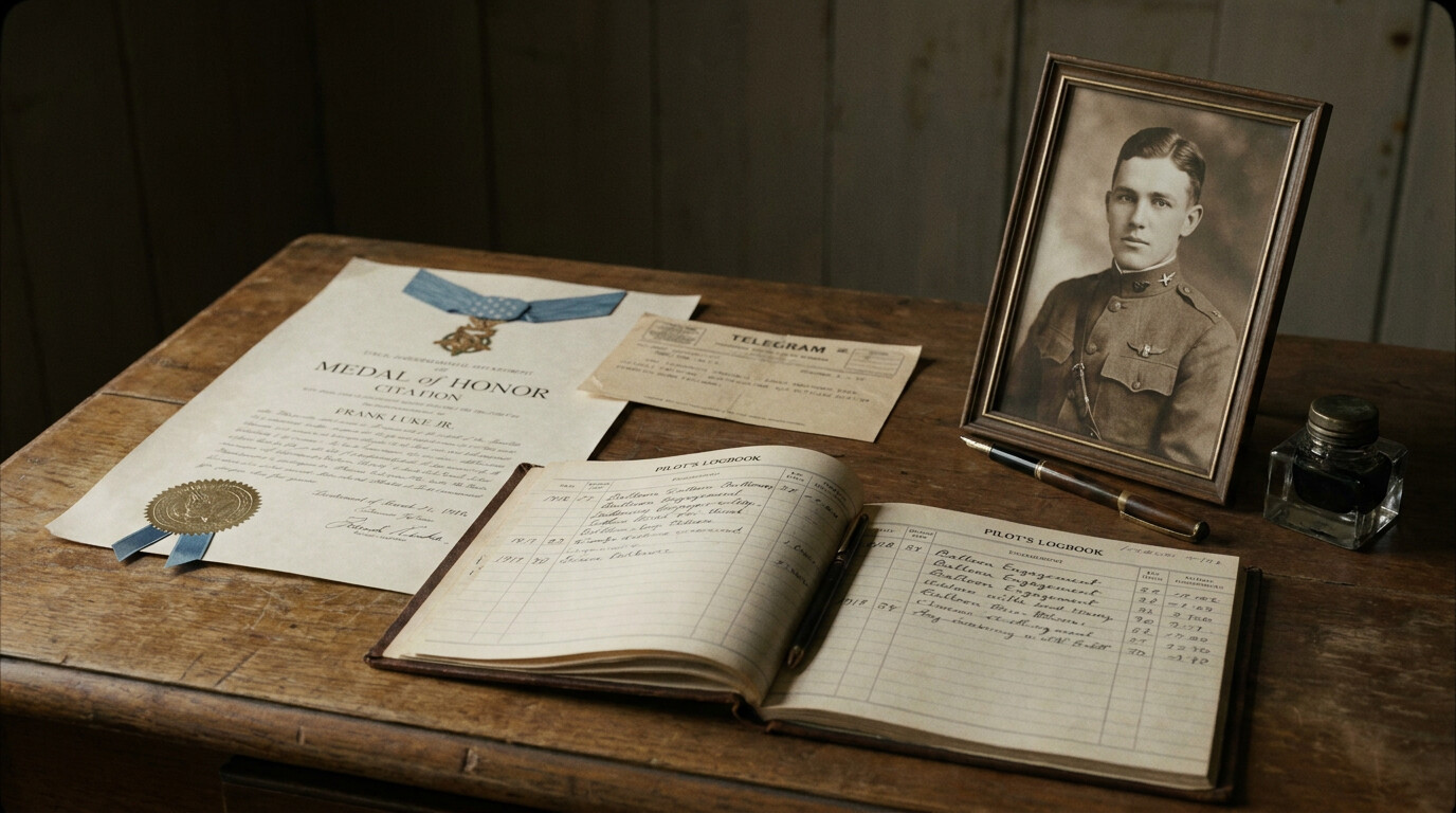 Medal of Honor document and Luke's military records on a desk
