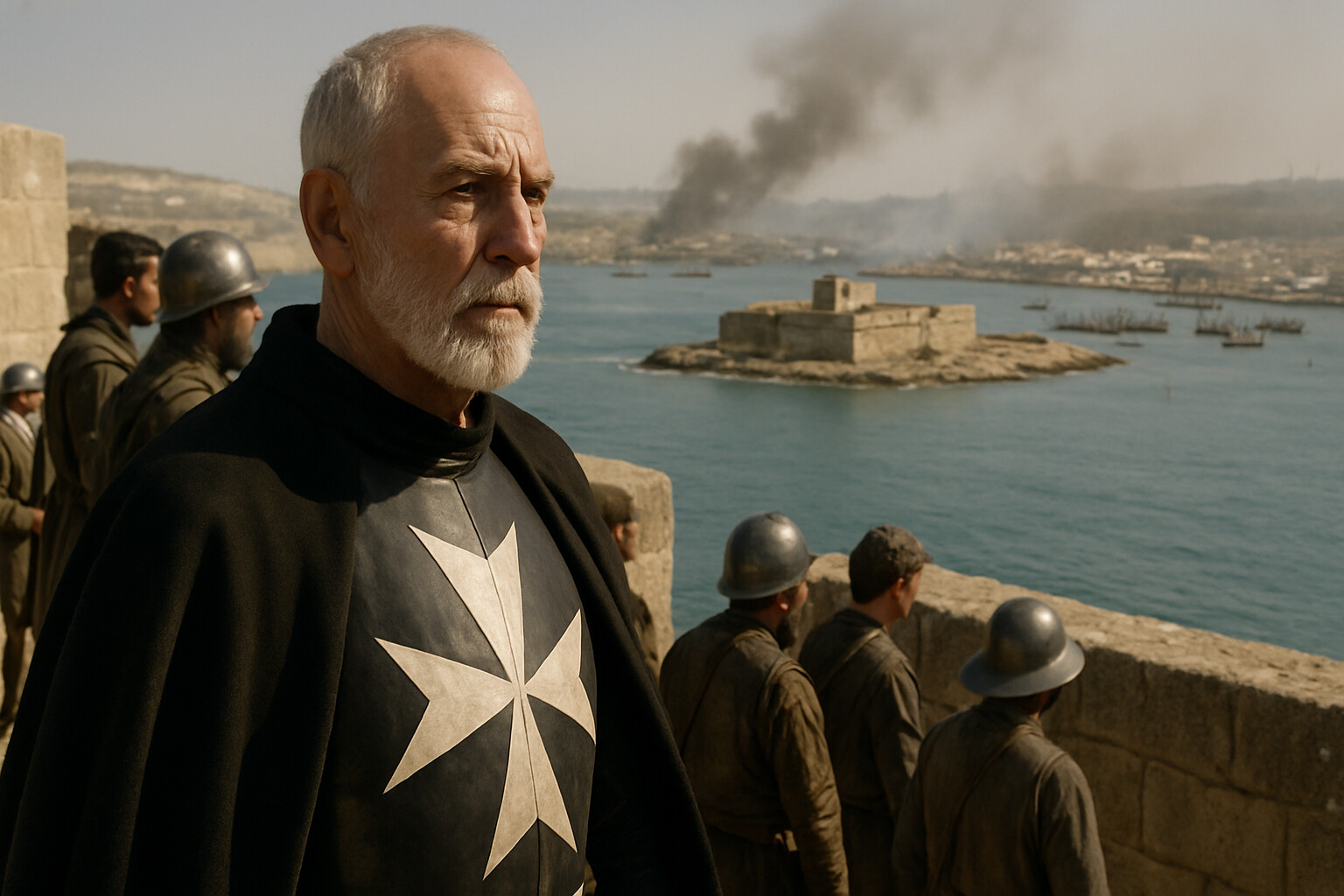Portrait and pull-back: Grand Master Valette on the walls of Birgu, watching Fort Saint Elmo across Grand Harbor, the Ottoman fleet and camp visible in the background.