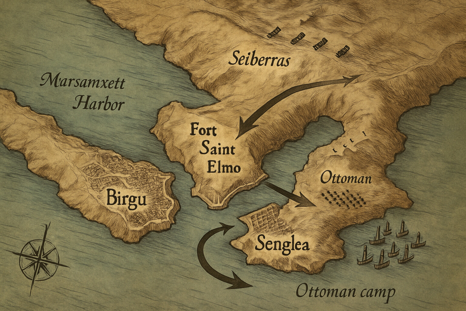 Map-style overhead view: tactical overview of Grand Harbor, Malta, showing Fort Saint Elmo, Birgu, Senglea, Ottoman camp at Marsa, and battery positions on Sciberras.